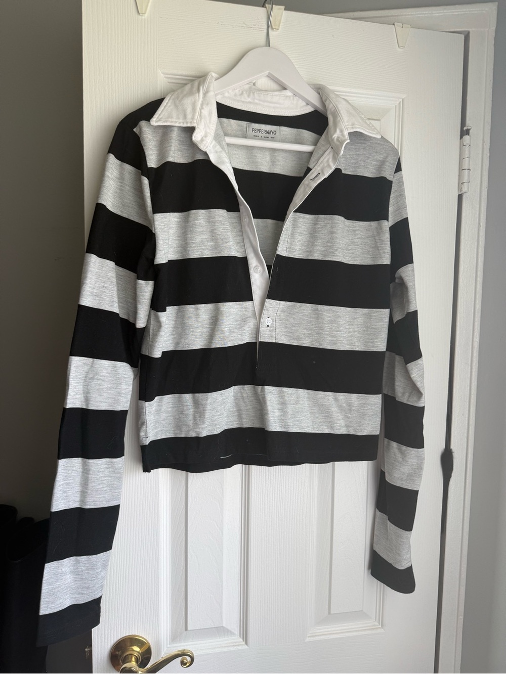 Peppermayo Black and Gray Striped Long Sleeve Polo Tee